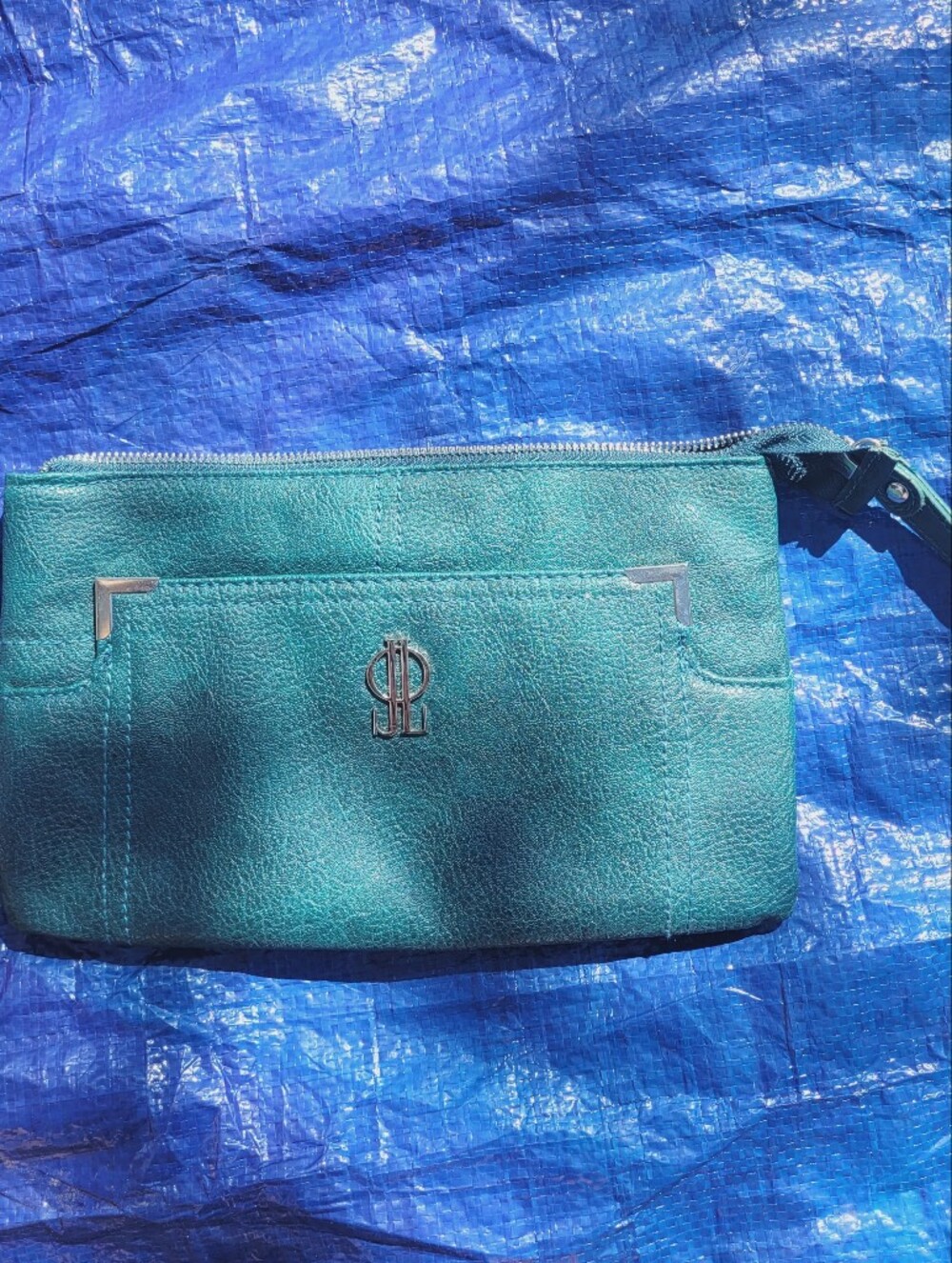 Lio Ju Textured Teal Wristlet Clutch with Silver-Tone Accents